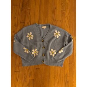 NO COMMENT NYC Daisy Cropped Cardigan Blue Womens M V Neck Button Up Knit Flower